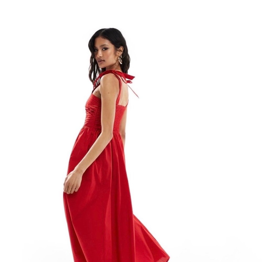 Abercrombie Red Smocked Midi Dress Large Tie Strap Cotton Sundress NWT - Picture 2 of 5